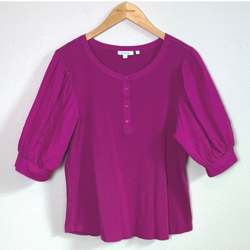 CHICO'S Sz 4 US XXL Magenta Stretch Cotton‎ Ribbed Knit Puff Sleeve Top Cottage